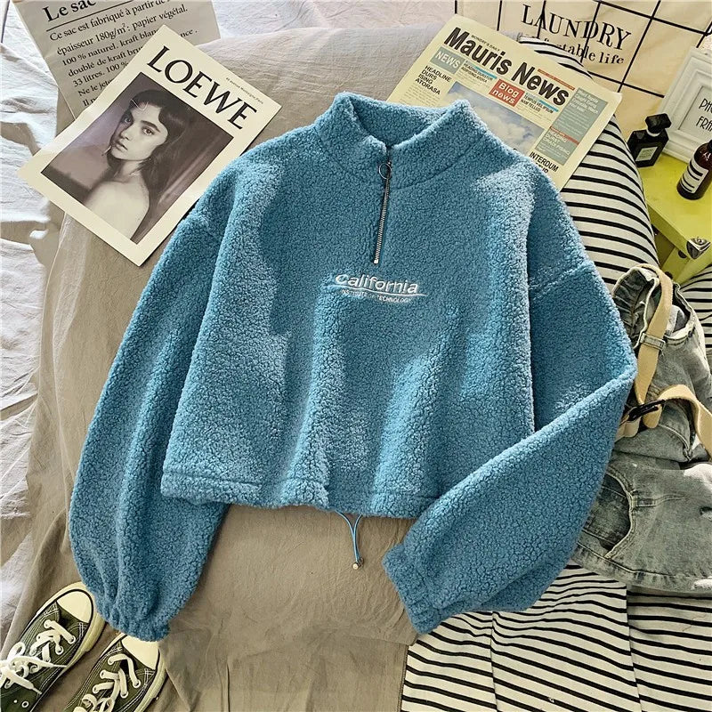 LVSANW Women Stand Neck Fleece Cropped Hoodies Autumn Letter Embroidery Long Sleeve Drawstring Sweatshirt Elegant Plush Velvet Tops