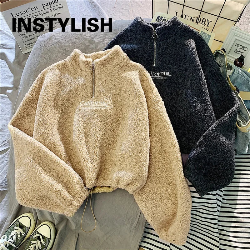 LVSANW Women Stand Neck Fleece Cropped Hoodies Autumn Letter Embroidery Long Sleeve Drawstring Sweatshirt Elegant Plush Velvet Tops