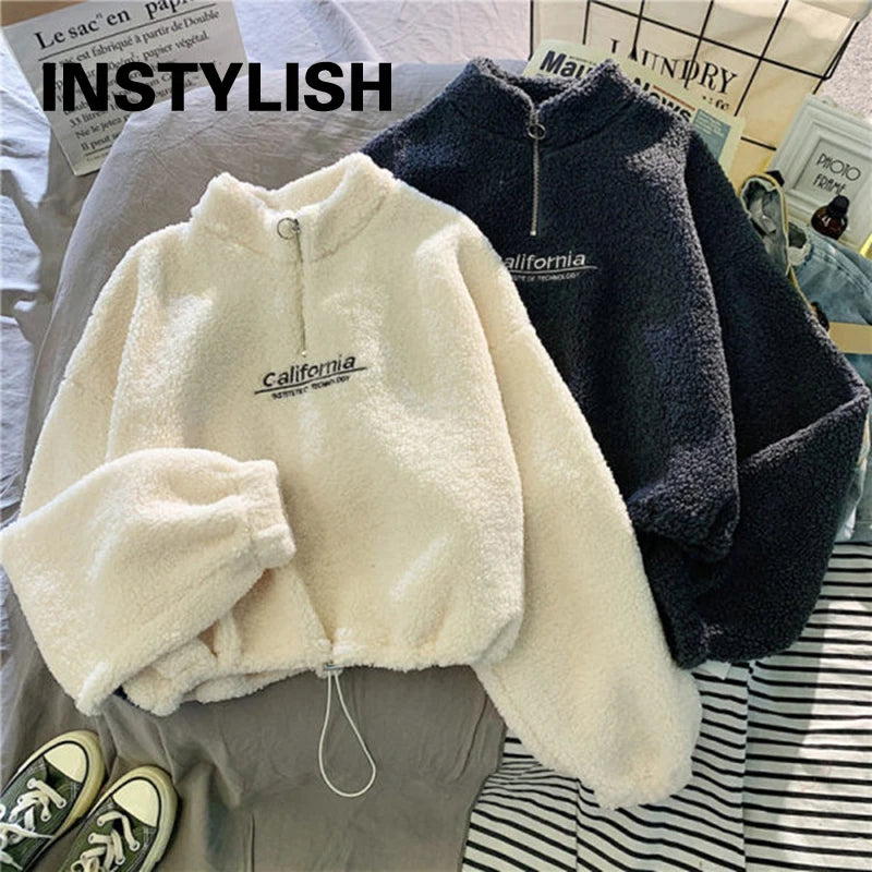 LVSANW Women Stand Neck Fleece Cropped Hoodies Autumn Letter Embroidery Long Sleeve Drawstring Sweatshirt Elegant Plush Velvet Tops