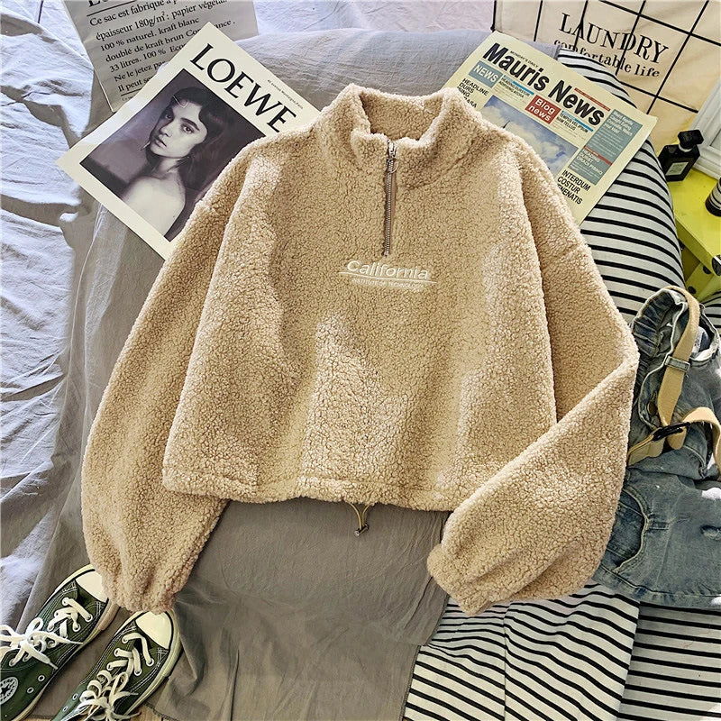 LVSANW Women Stand Neck Fleece Cropped Hoodies Autumn Letter Embroidery Long Sleeve Drawstring Sweatshirt Elegant Plush Velvet Tops