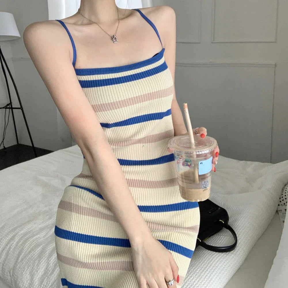 LVSANW Women Strapless Striped Knitted Sweater Dress Summer Fashion Female Elastic Stretch Slip Midi Bodycon Dresses JXFS-2026