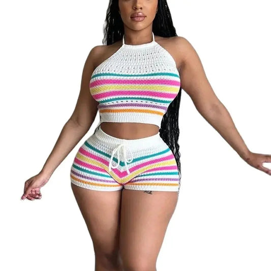 LVSANW Women Suits Hhanging Neck Lace-up Sleeveless Backless Tops Female Casual Knitted Rainbow Stripes Two Piece Sets Slim Fit Shorts