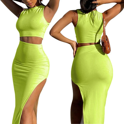 LVSANW Women Summer 2 Pieces Outfits Solid Color Crew Neck Sleeveless Tank Tops Wrapped Hip High Slit Long Skirts Set