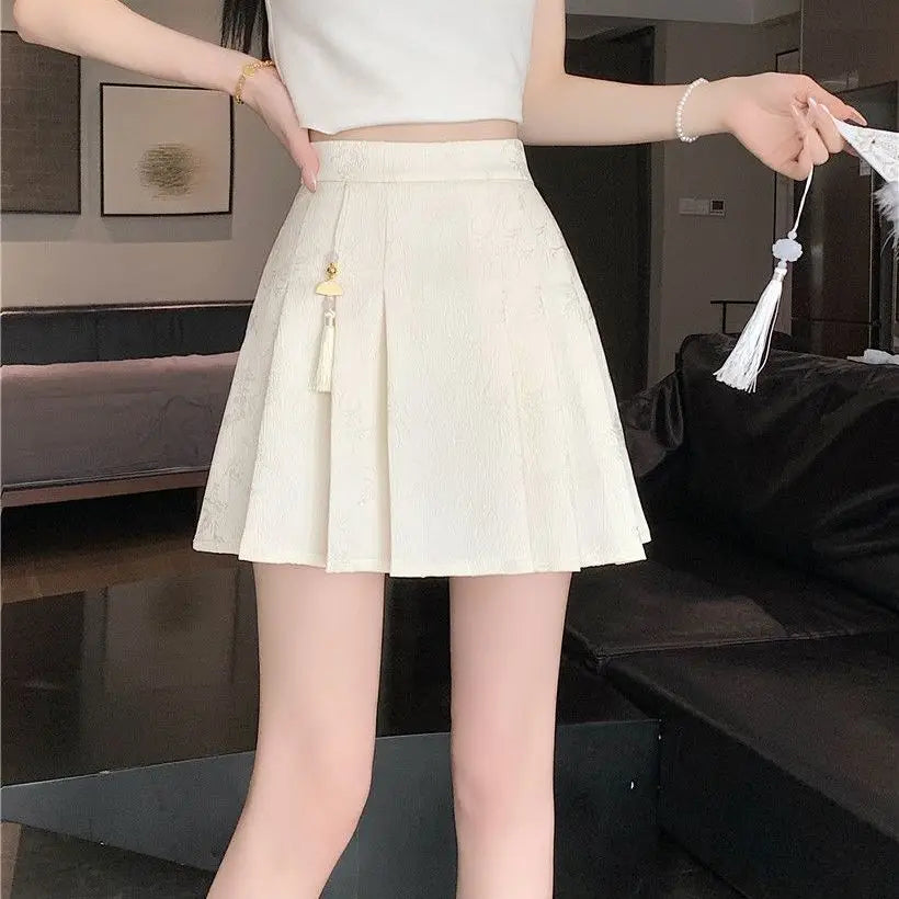 LVSANW Women Summer Fashion Chinese Style Solid Color High Waist Elegant Skirt Women Clothes Casual All-match Appear Thin A-line Skirt