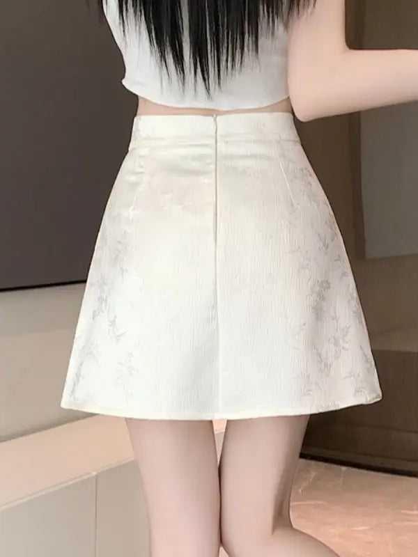 LVSANW Women Summer Fashion Chinese Style Solid Color High Waist Elegant Skirt Women Clothes Casual All-match Appear Thin A-line Skirt