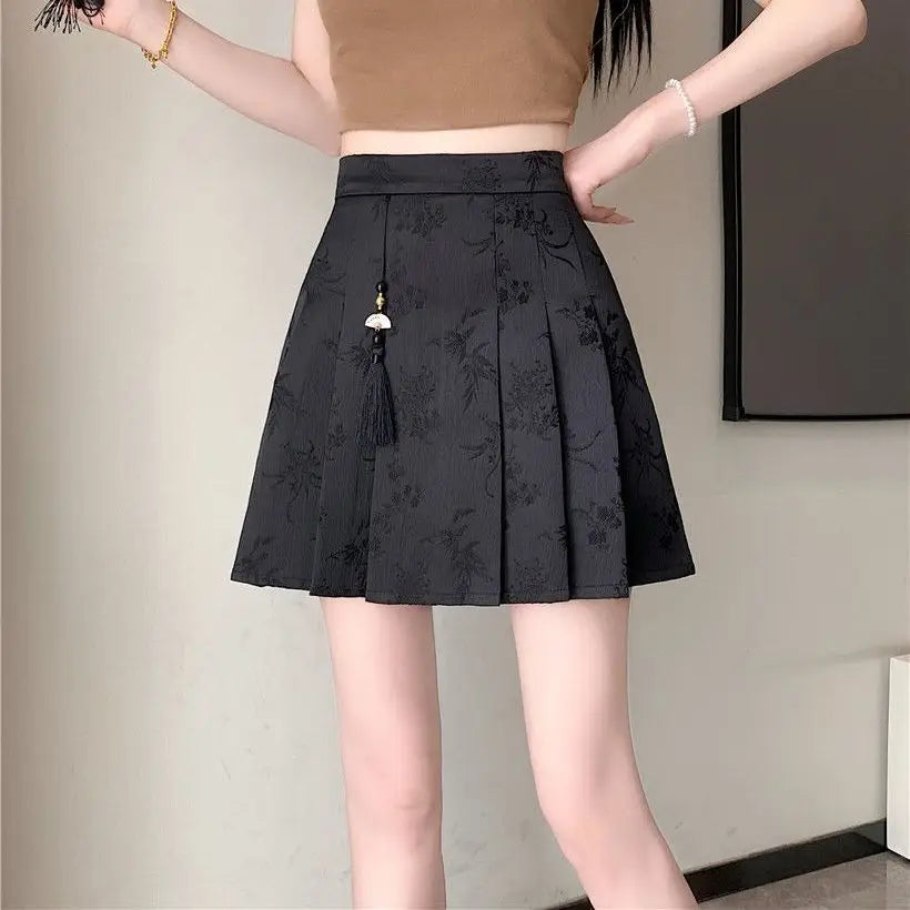 LVSANW Women Summer Fashion Chinese Style Solid Color High Waist Elegant Skirt Women Clothes Casual All-match Appear Thin A-line Skirt