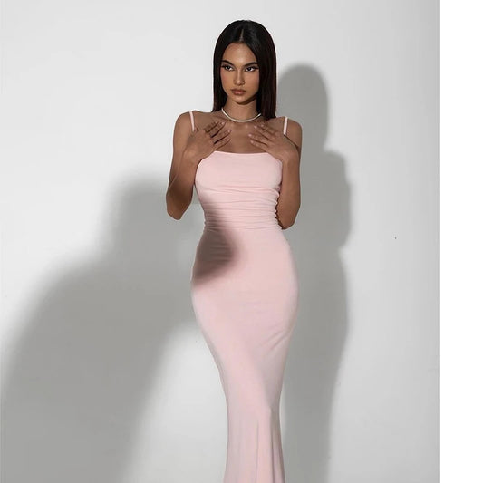 LVSANW Women Summer New 2024 Dresses Sexy Pink Backless Slim Sling Dress Clubwear Elegant Fashion Knitted Maxi Dress O-Neck Sleeveless