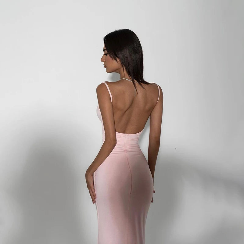 LVSANW Women Summer New 2024 Dresses Sexy Pink Backless Slim Sling Dress Clubwear Elegant Fashion Knitted Maxi Dress O-Neck Sleeveless