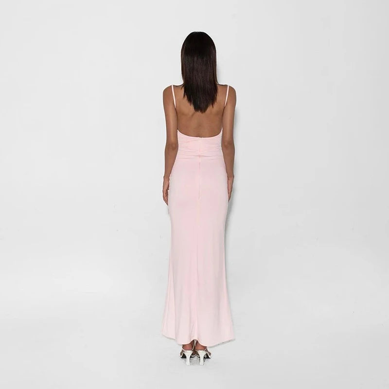 LVSANW Women Summer New 2024 Dresses Sexy Pink Backless Slim Sling Dress Clubwear Elegant Fashion Knitted Maxi Dress O-Neck Sleeveless