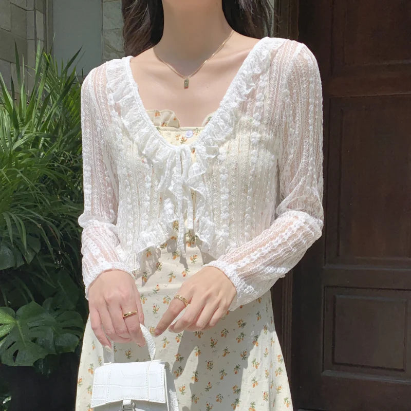 LVSANW Women Summer Sun Protection Coat Lace Bow Ruffle Cardigan Shirt Female Blouse Tops for Woman Covers Blusa White Y2K Korean Shirt