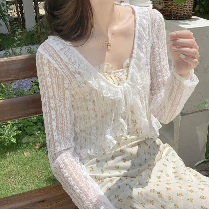 LVSANW Women Summer Sun Protection Coat Lace Bow Ruffle Cardigan Shirt Female Blouse Tops for Woman Covers Blusa White Y2K Korean Shirt