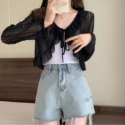 LVSANW Women Summer Sun Protection Coat Lace Bow Ruffle Cardigan Shirt Female Blouse Tops for Woman Covers Blusa White Y2K Korean Shirt