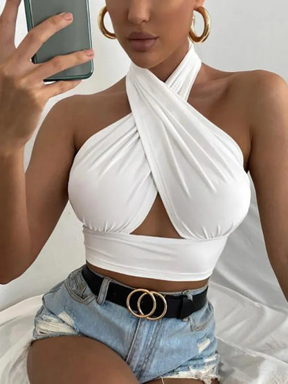 LVSANW Women Summer Tank Tops Sexy Solid Color Cross Halter Neck Push Up Hollow Crop Tops High Street Wear 2024 New Fashion