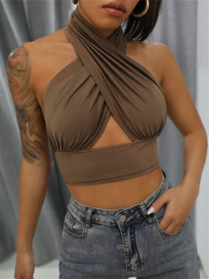 LVSANW Women Summer Tank Tops Sexy Solid Color Cross Halter Neck Push Up Hollow Crop Tops High Street Wear 2024 New Fashion