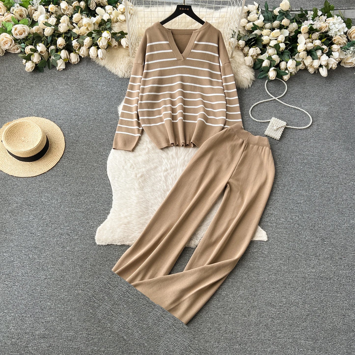 LVSANW Women Sweater Pant Set Winter Knitted  Casual Pullovers Suits Long Sleeve AutumnLoose Tops Elastic Striped Elegance Sweaterpants