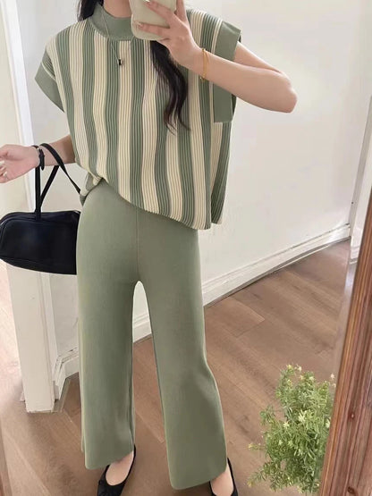 LVSANW Women Sweater Pant Set Winter Knitted  Casual Pullovers Suits Long Sleeve AutumnLoose Tops Elastic Striped Elegance Sweaterpants