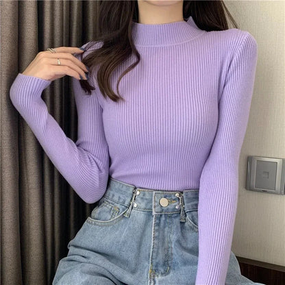 LVSANW Women Sweater Pullover Autumn Winter Knitted Half High Collar Long Sleeve Slim Jumper Tops 2025 Casual Shirts Soft Warm Clothing