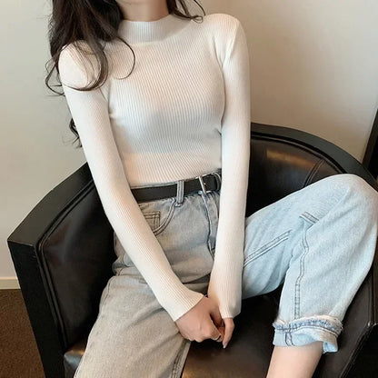 LVSANW Women Sweater Pullover Autumn Winter Knitted Half High Collar Long Sleeve Slim Jumper Tops 2025 Casual Shirts Soft Warm Clothing