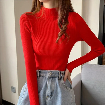 LVSANW Women Sweater Pullover Autumn Winter Knitted Half High Collar Long Sleeve Slim Jumper Tops 2025 Casual Shirts Soft Warm Clothing