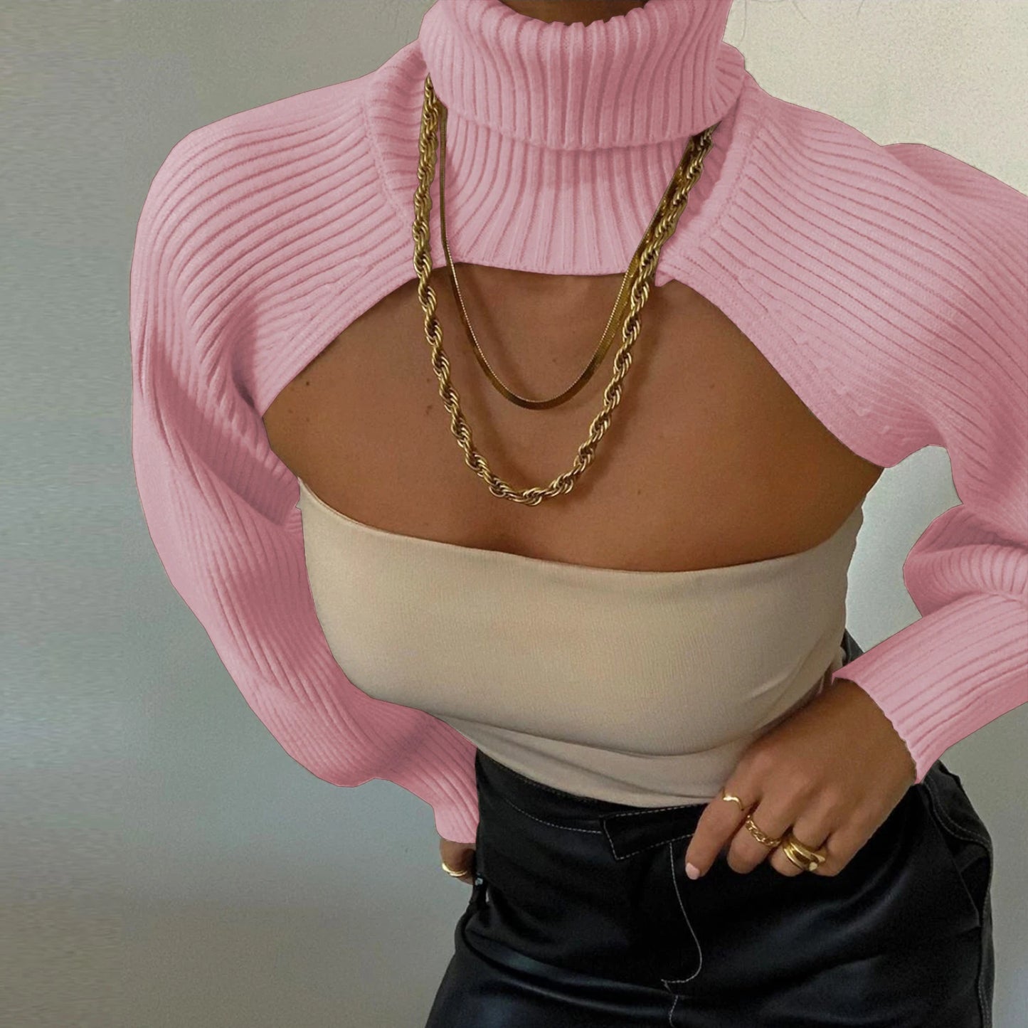 LVSANW Women Sweater Tops High Collar Long Puff Sleeve Knitwear Pullover Ladie Fashion Elegant Autumn Y2K Aesthetic Crop Top Halter Top