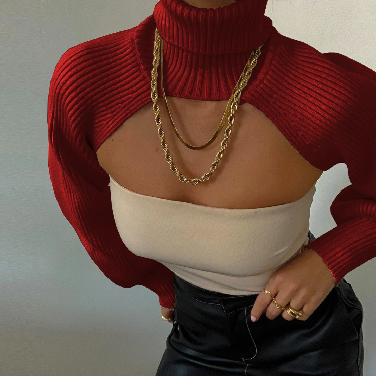 LVSANW Women Sweater Tops High Collar Long Puff Sleeve Knitwear Pullover Ladie Fashion Elegant Autumn Y2K Aesthetic Crop Top Halter Top