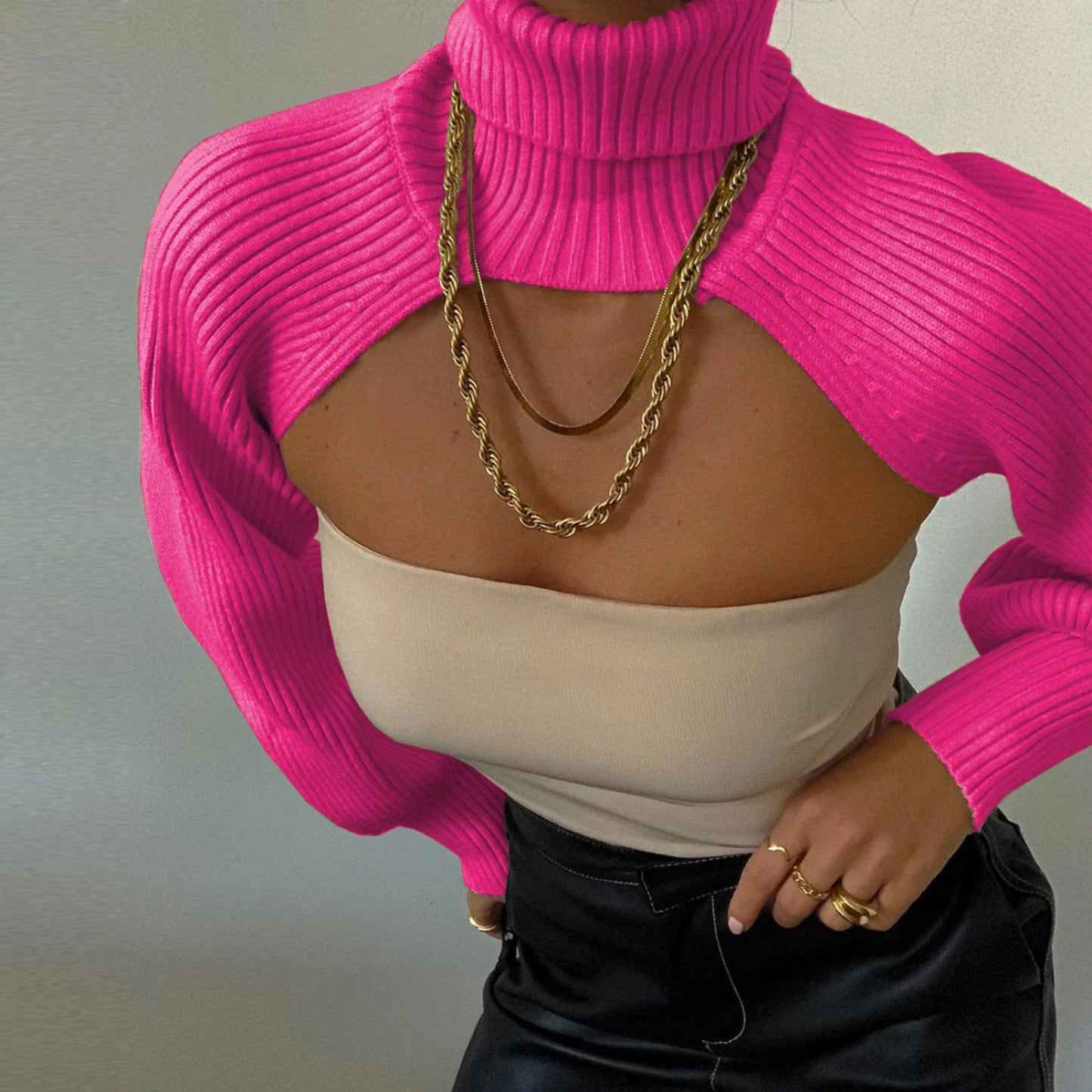 LVSANW Women Sweater Tops High Collar Long Puff Sleeve Knitwear Pullover Ladie Fashion Elegant Autumn Y2K Aesthetic Crop Top Halter Top