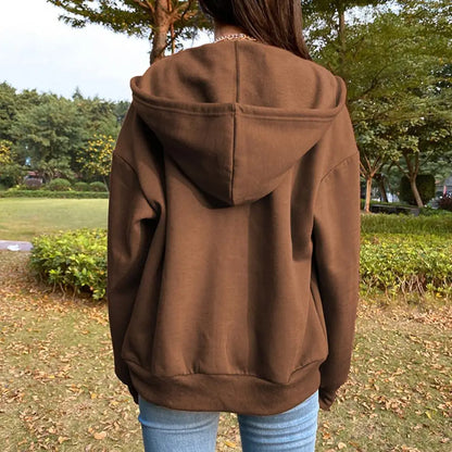 LVSANW Women Sweatshirts Casual Solid Color Drawstring Long Sleeves Female Hoodie Coat Pocket Zipper Closure Lady Jacket For Daily Wear