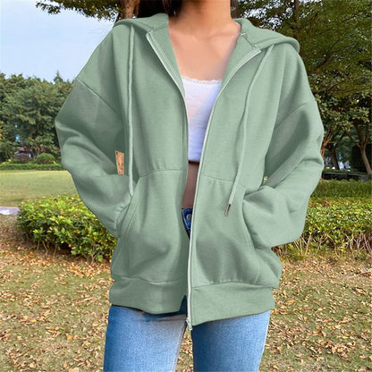 LVSANW Women Sweatshirts Casual Solid Color Drawstring Long Sleeves Female Hoodie Coat Pocket Zipper Closure Lady Jacket For Daily Wear