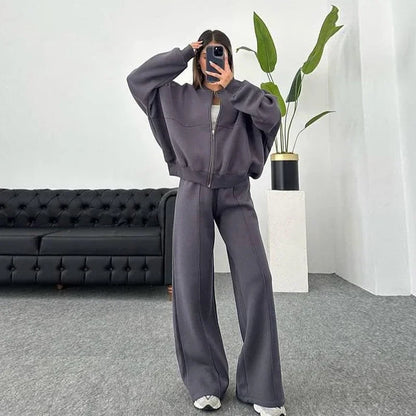 LVSANW Women Sweatsuit Set Vintage O-neck Zipper Bomber Jackets High Waist Loose Pants Suit Female 2025 Spring Fashion Lady Sportswear