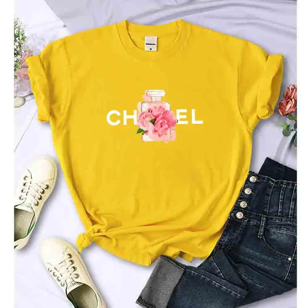 LVSANW Women T Shirt Summer Cotton Alphabet Flowers Perfume Blouse Fashion Print Graphic Tees Brand Quality Short Sleeve Tops Clothes