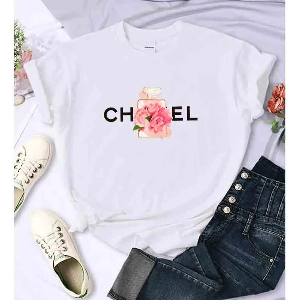 LVSANW Women T Shirt Summer Cotton Alphabet Flowers Perfume Blouse Fashion Print Graphic Tees Brand Quality Short Sleeve Tops Clothes