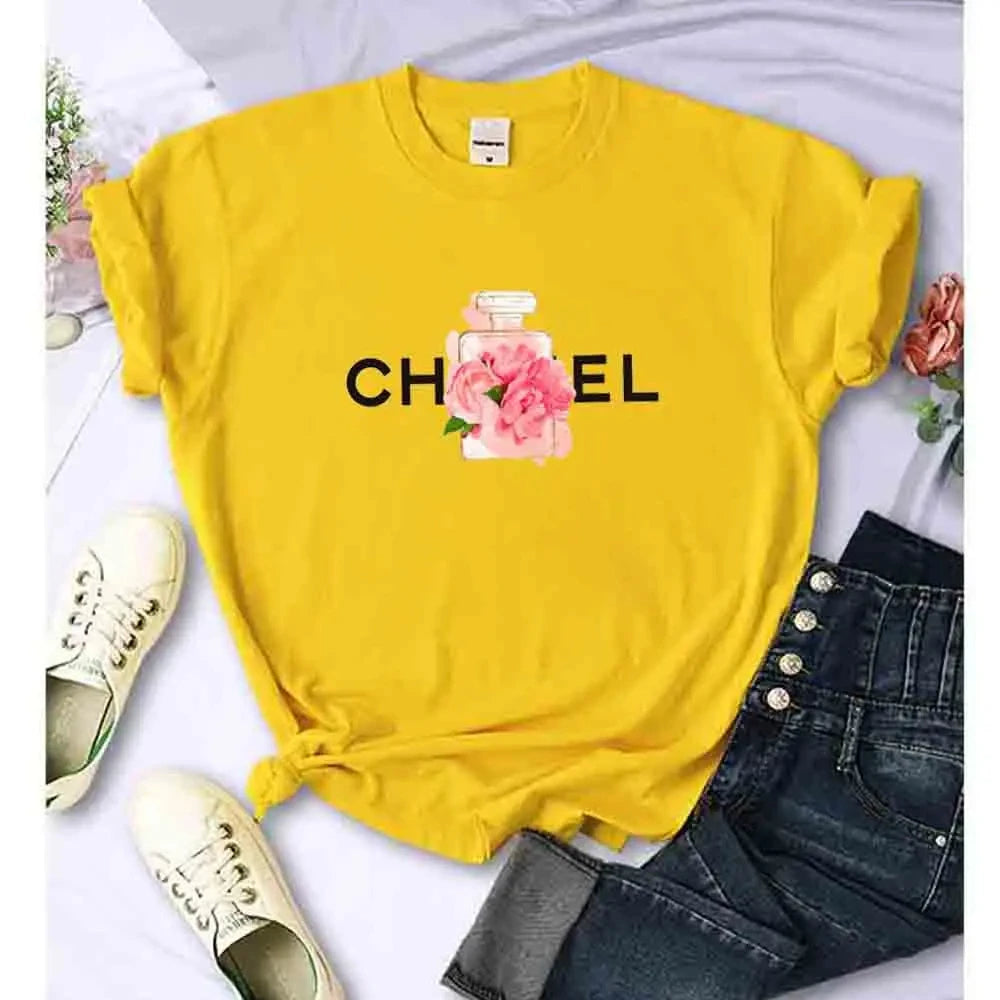 LVSANW Women T Shirt Summer Cotton Alphabet Flowers Perfume Blouse Fashion Print Graphic Tees Brand Quality Short Sleeve Tops Clothes