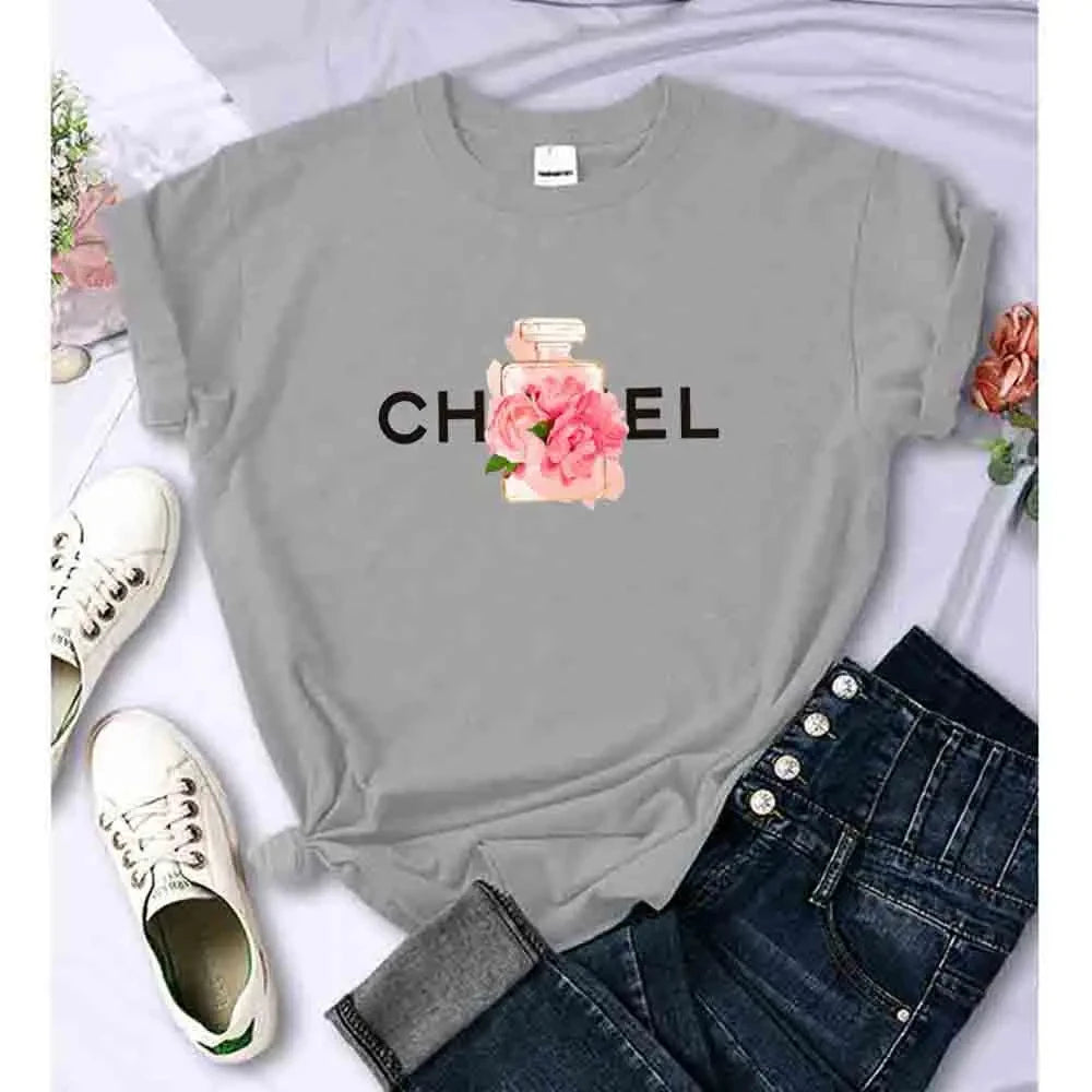 LVSANW Women T Shirt Summer Cotton Alphabet Flowers Perfume Blouse Fashion Print Graphic Tees Brand Quality Short Sleeve Tops Clothes