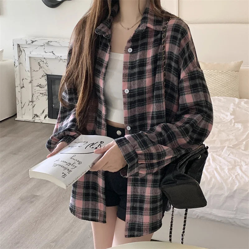 LVSANW Women Tartan Shirt Long Sleeve Collared Button Up Oversized Plaid Shirt Flannel Jacket Grunge Teenage Girl Spring Summer Outfit