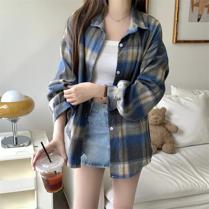 LVSANW Women Tartan Shirt Long Sleeve Collared Button Up Oversized Plaid Shirt Flannel Jacket Grunge Teenage Girl Spring Summer Outfit