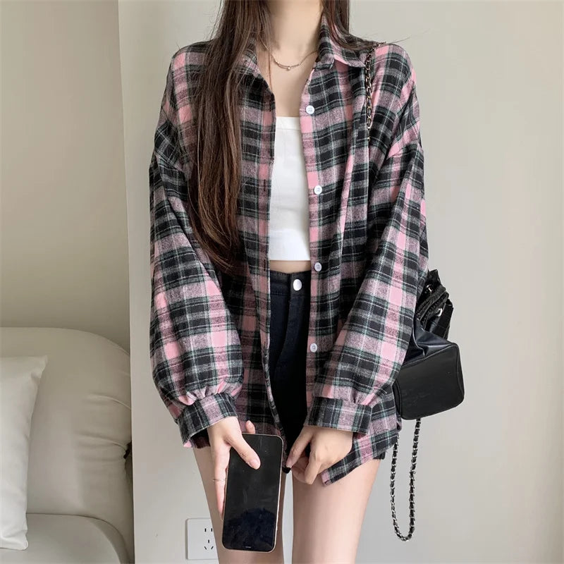 LVSANW Women Tartan Shirt Long Sleeve Collared Button Up Oversized Plaid Shirt Flannel Jacket Grunge Teenage Girl Spring Summer Outfit