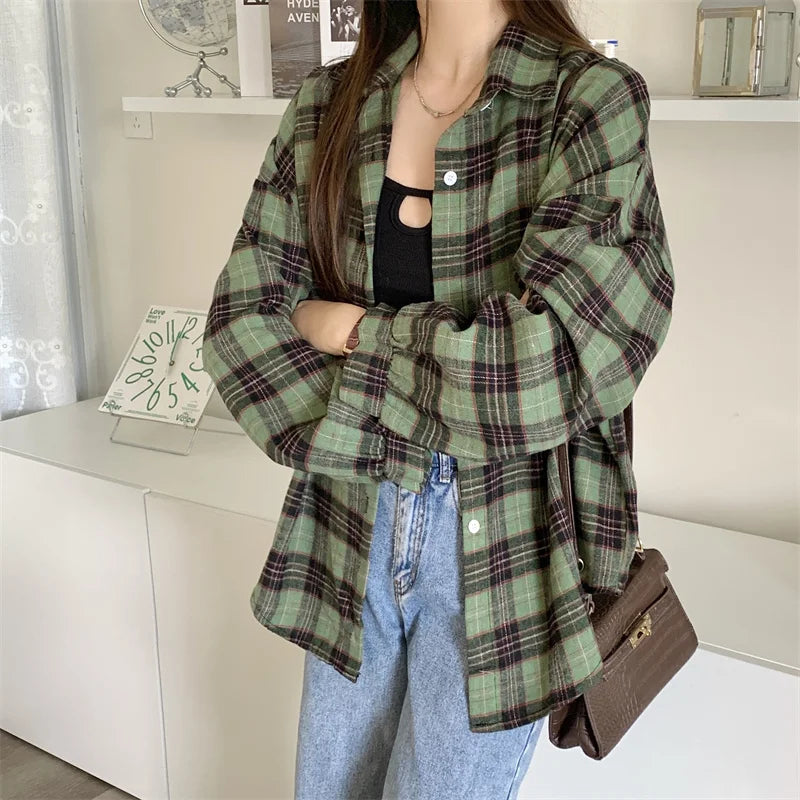 LVSANW Women Tartan Shirt Long Sleeve Collared Button Up Oversized Plaid Shirt Flannel Jacket Grunge Teenage Girl Spring Summer Outfit