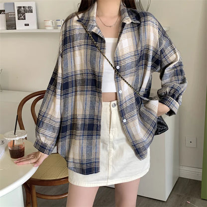 LVSANW Women Tartan Shirt Long Sleeve Collared Button Up Oversized Plaid Shirt Flannel Jacket Grunge Teenage Girl Spring Summer Outfit