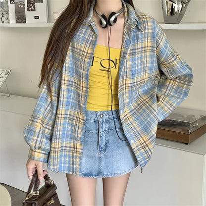 LVSANW Women Tartan Shirt Long Sleeve Collared Button Up Oversized Plaid Shirt Flannel Jacket Grunge Teenage Girl Spring Summer Outfit