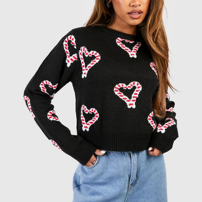 LVSANW Women Valentine's Day Y2K Aesthetic Striped Heart Print Crew Neck Knitwear Sweaters Long Sleeve Cropped Pullover Tops Streetwear