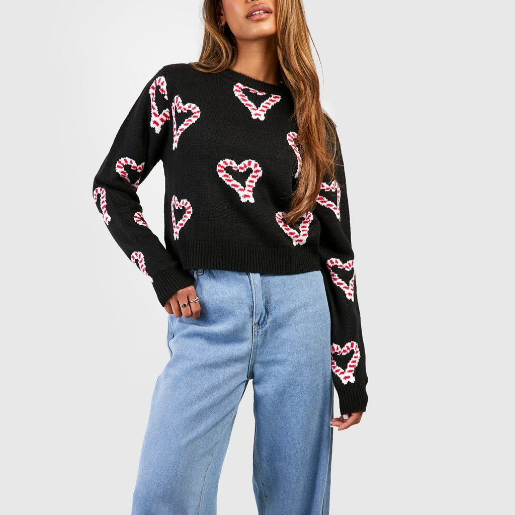 LVSANW Women Valentine's Day Y2K Aesthetic Striped Heart Print Crew Neck Knitwear Sweaters Long Sleeve Cropped Pullover Tops Streetwear