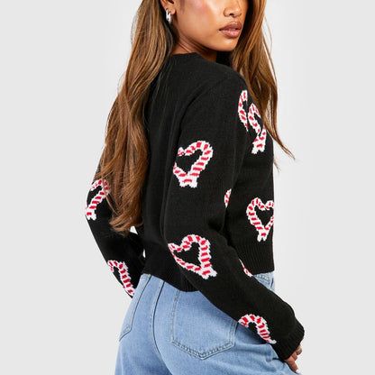 LVSANW Women Valentine's Day Y2K Aesthetic Striped Heart Print Crew Neck Knitwear Sweaters Long Sleeve Cropped Pullover Tops Streetwear