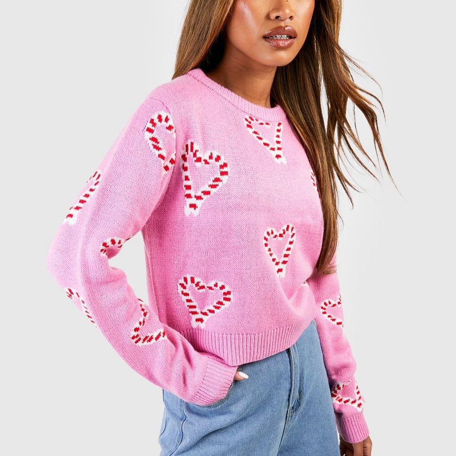 LVSANW Women Valentine's Day Y2K Aesthetic Striped Heart Print Crew Neck Knitwear Sweaters Long Sleeve Cropped Pullover Tops Streetwear