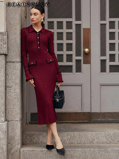 LVSANW Women Vintage Burgundy Red Slim Long Dresses Fashion Lapel Single-breasted Contrast Full Sleeve Dress 2025 Spring Street Robes