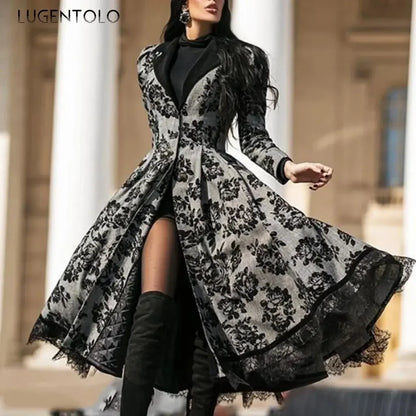 LVSANW Women Vintage Party Trench Long Sleeve Autumn Splicing Lace Button Coat Female Casual Big Swing Fashion Jackets