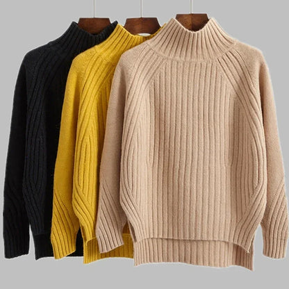 LVSANW Women Warm Sweater Loose Stripes Pullover Sweaters Mock Neck Solid Knit Split Jumpers Casual Office Sweater Women Autumn Winter