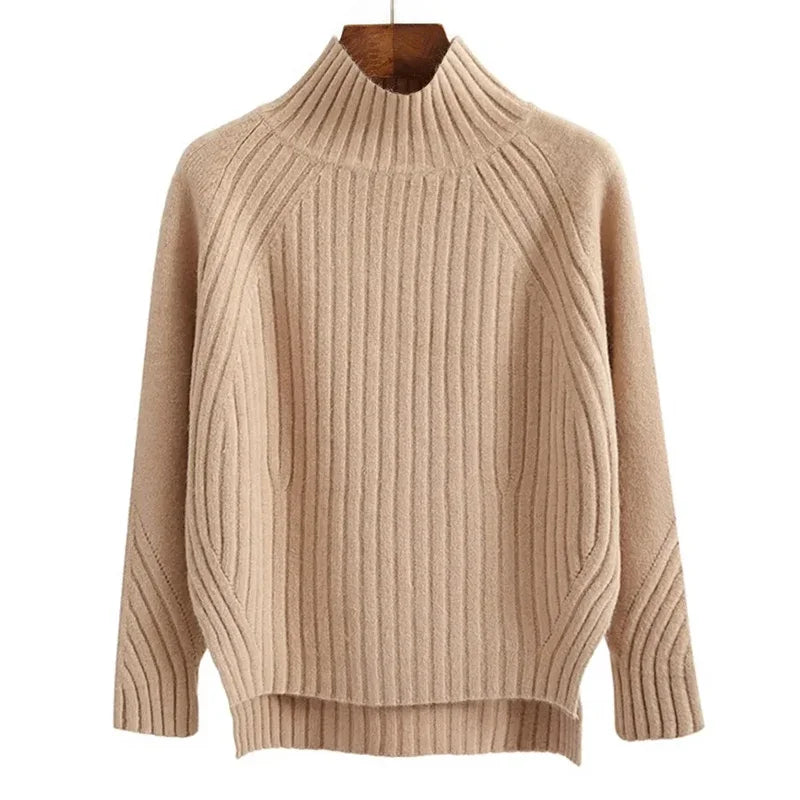 LVSANW Women Warm Sweater Loose Stripes Pullover Sweaters Mock Neck Solid Knit Split Jumpers Casual Office Sweater Women Autumn Winter