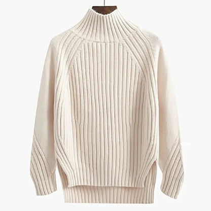 LVSANW Women Warm Sweater Loose Stripes Pullover Sweaters Mock Neck Solid Knit Split Jumpers Casual Office Sweater Women Autumn Winter