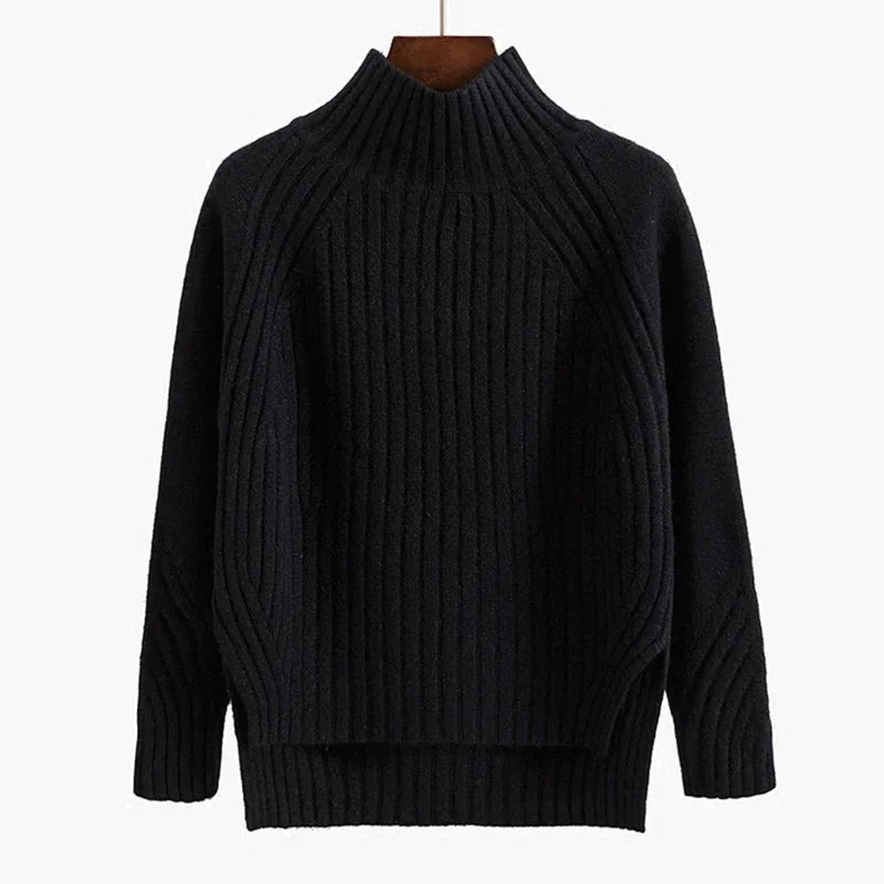 LVSANW Women Warm Sweater Loose Stripes Pullover Sweaters Mock Neck Solid Knit Split Jumpers Casual Office Sweater Women Autumn Winter