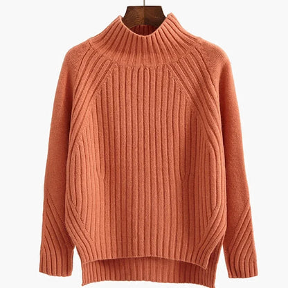 LVSANW Women Warm Sweater Loose Stripes Pullover Sweaters Mock Neck Solid Knit Split Jumpers Casual Office Sweater Women Autumn Winter